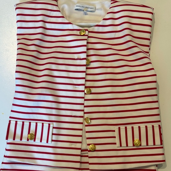 English Factory Red and White Striped Sleeveless Jacket with Gold Buttons - Picture 2 of 8
